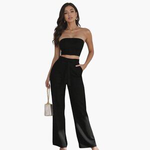 Black Strapless Tube Top Wide Leg Pant Set | Modern Minimal